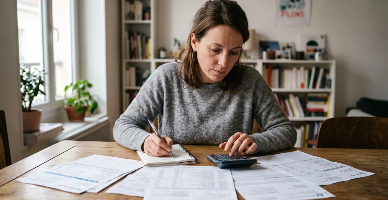 Une personne à domicile examine attentivement ses documents financiers, bulletins de salaire et relevés bancaires, pour calculer sa capacité d'emprunt.