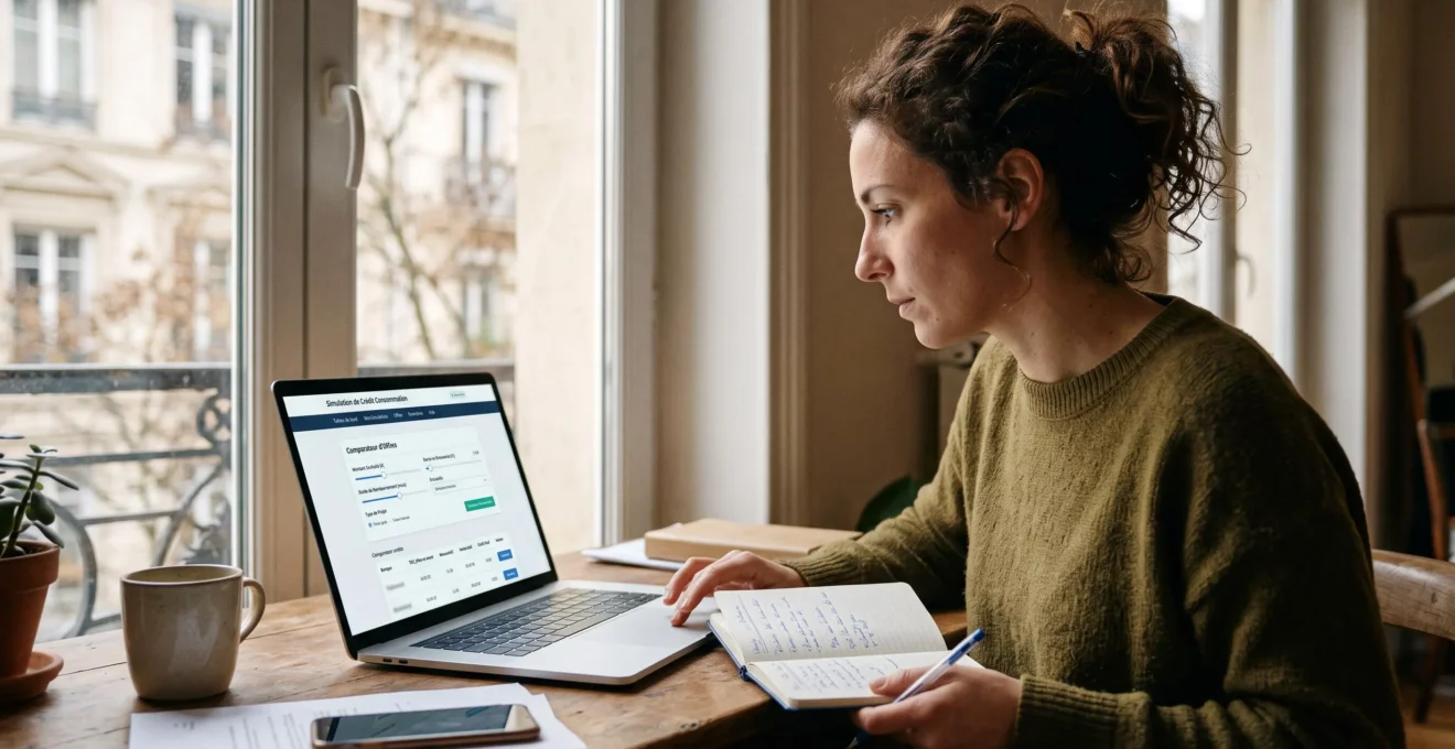 Une personne utilise un ordinateur portable pour comparer des offres de crédit en ligne, tenant des notes manuscrites avec des critères de comparaison.